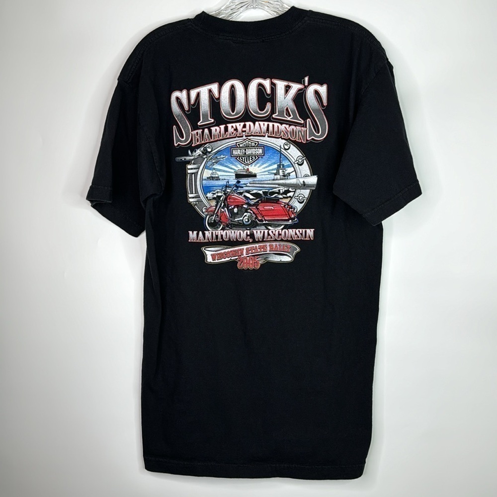 Harley Davidson Black Stock's Manitowoc, Wi Tshirt Size Large 2005 Y2K